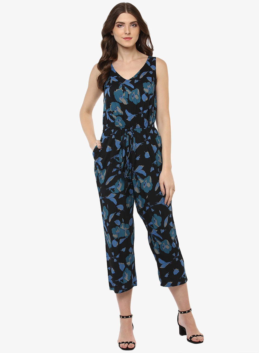 Porsorte Digital Floral Print Black and Blue Capri Jumpsuit - www.porsorte.in